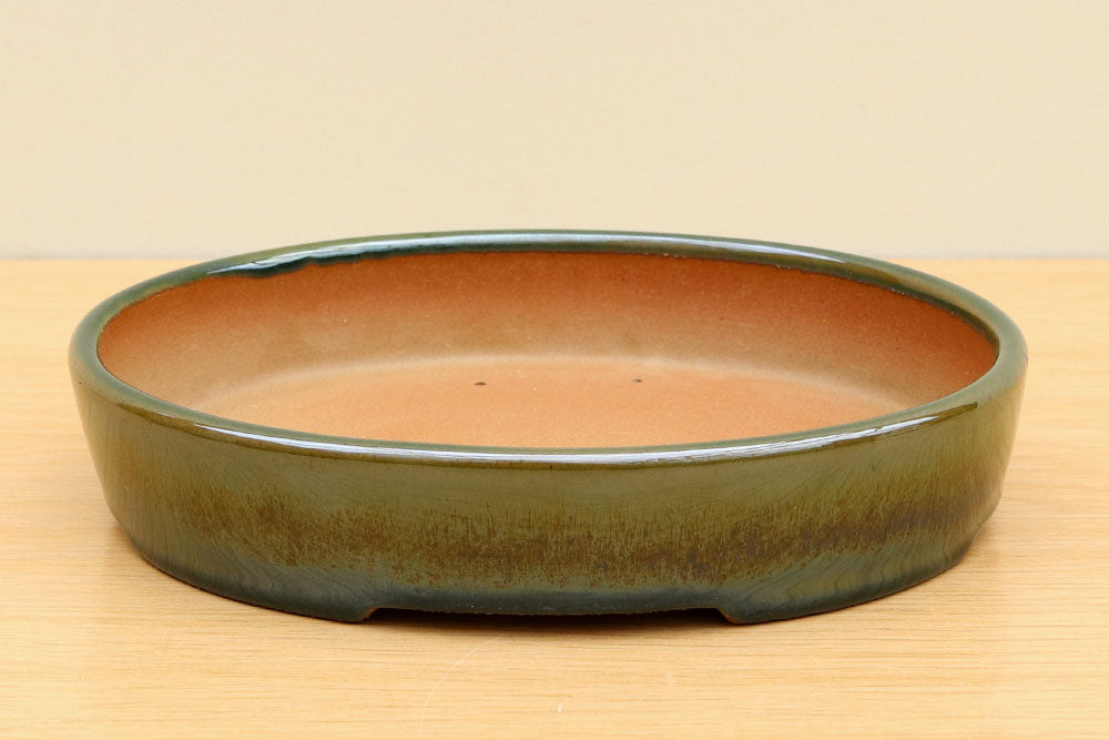B) High-quality Glazed Oval Bonsai Pot - 7" Bottle Green  Derbyshire Bonsai