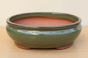 (E) Glazed Oval Lipped Bonsai Pot - 12" Mottled Green