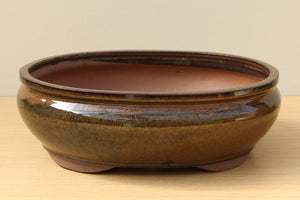 (E) Glazed Oval Lipped Bonsai Pot - 12" Green\Brown