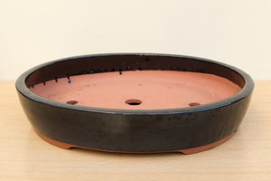 (E) Glazed Oval Bonsai Pot - 12" Black
