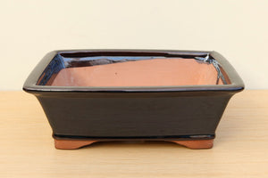 (D) Glazed Rectangular Bonsai Pot - 10" Silver\Black