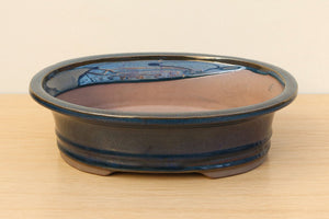 (D) Glazed Oval Bonsai Pot - 10" Blue