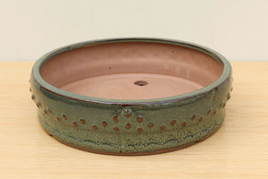 (C) Glazed Round Bonsai Drum Pot - 8" Mottled Green